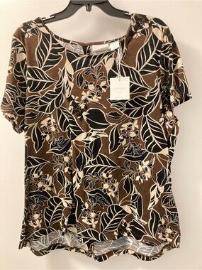 NWT Cynthia Rowley 1X Brown Black & Cream Tropical Floral Leaf, 100% Cotton Top